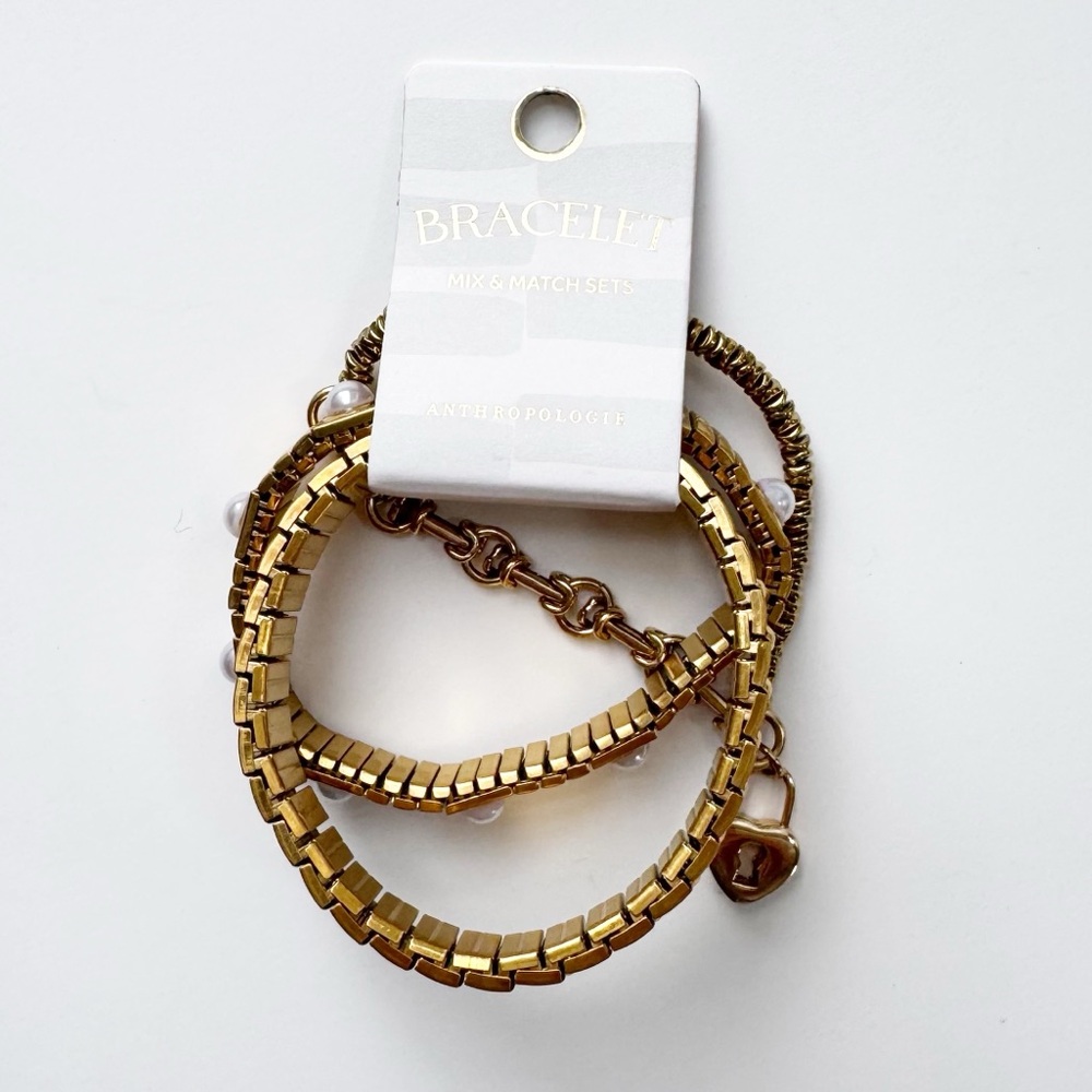 Anthropologie Mixed Beaded Stretch Bracelets Set of 3 in Gold/Pearl | NWT - Picture 4 of 6